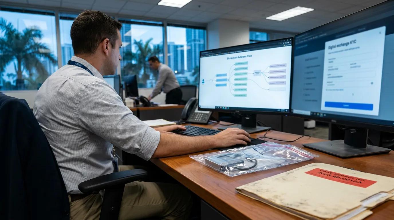 investigator reviewing Blockchain Address Flow diagram on dual monitors with case docket folder on desk