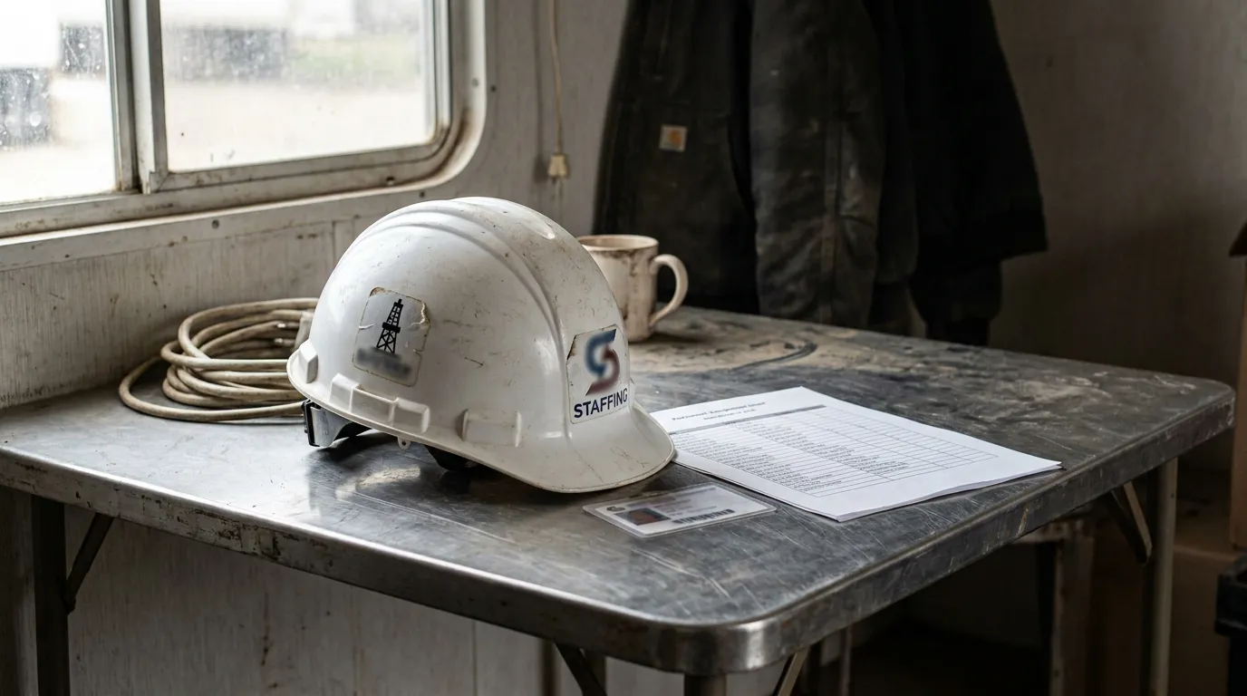 worn staffing hard hat with oil rig sticker resting beside employment documents on worksite table