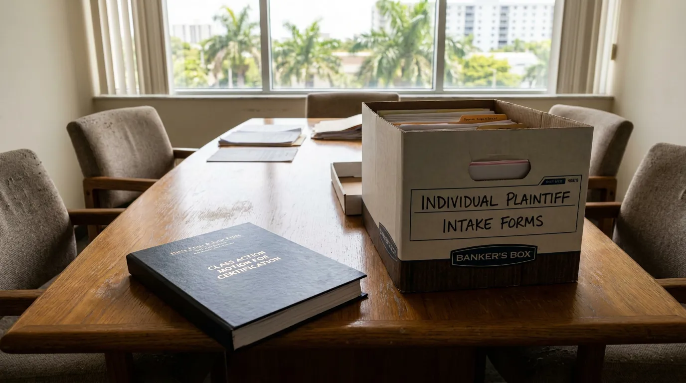 Class Action Motion for Certification binder beside Individual Plaintiff Intake Forms box on conference table