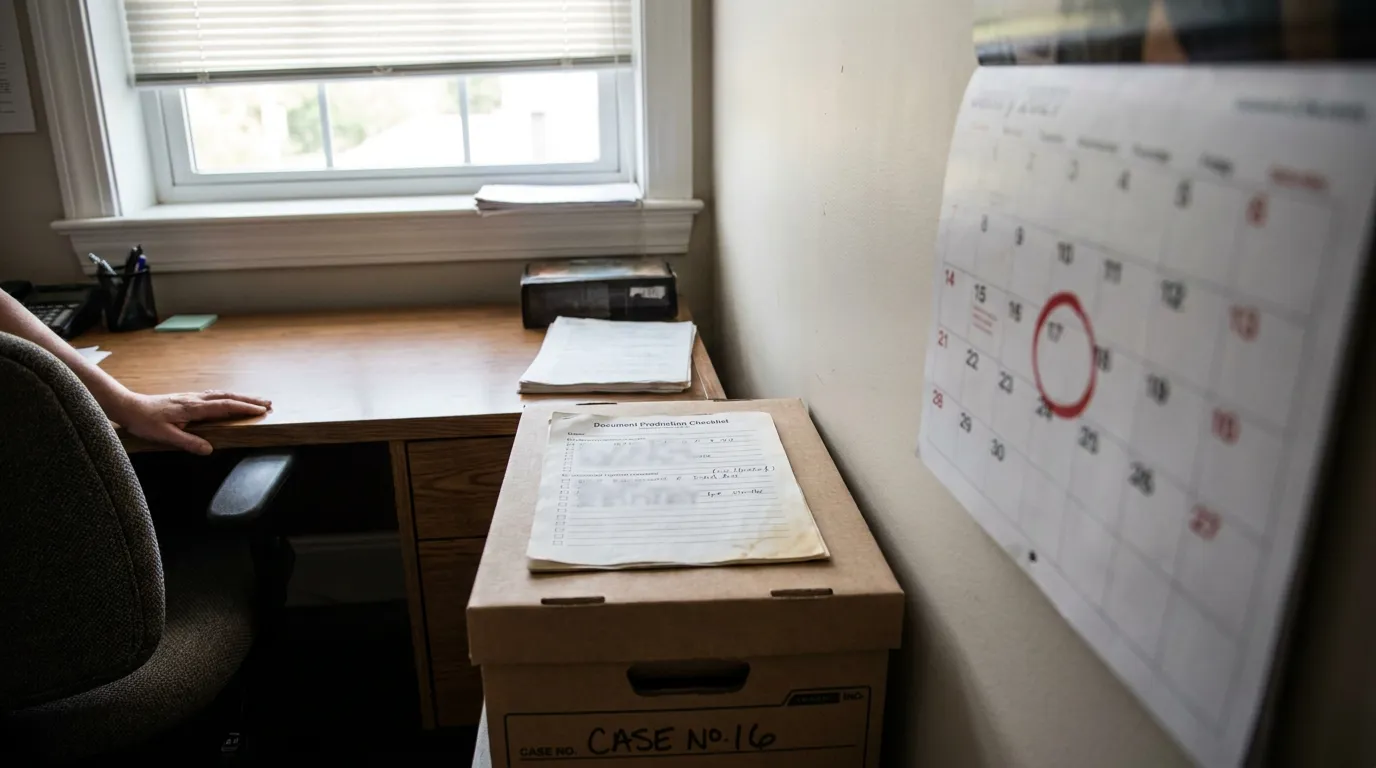 Miami FINRA Arbitration Document Production Deadline Calendar Case No. 16 document production checklist box beside wall calendar with circled deadline