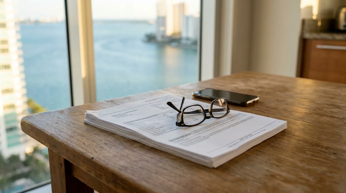 brokerage account statement with eyeglasses and smartphone on wooden table
