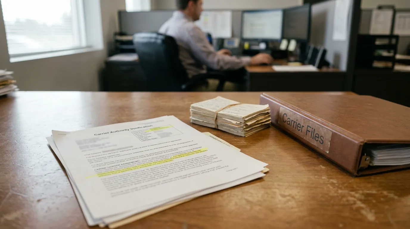 Freight Broker Carrier Verification Files San Antonio Carrier Authority Verification document and Carrier Files binder on office desk