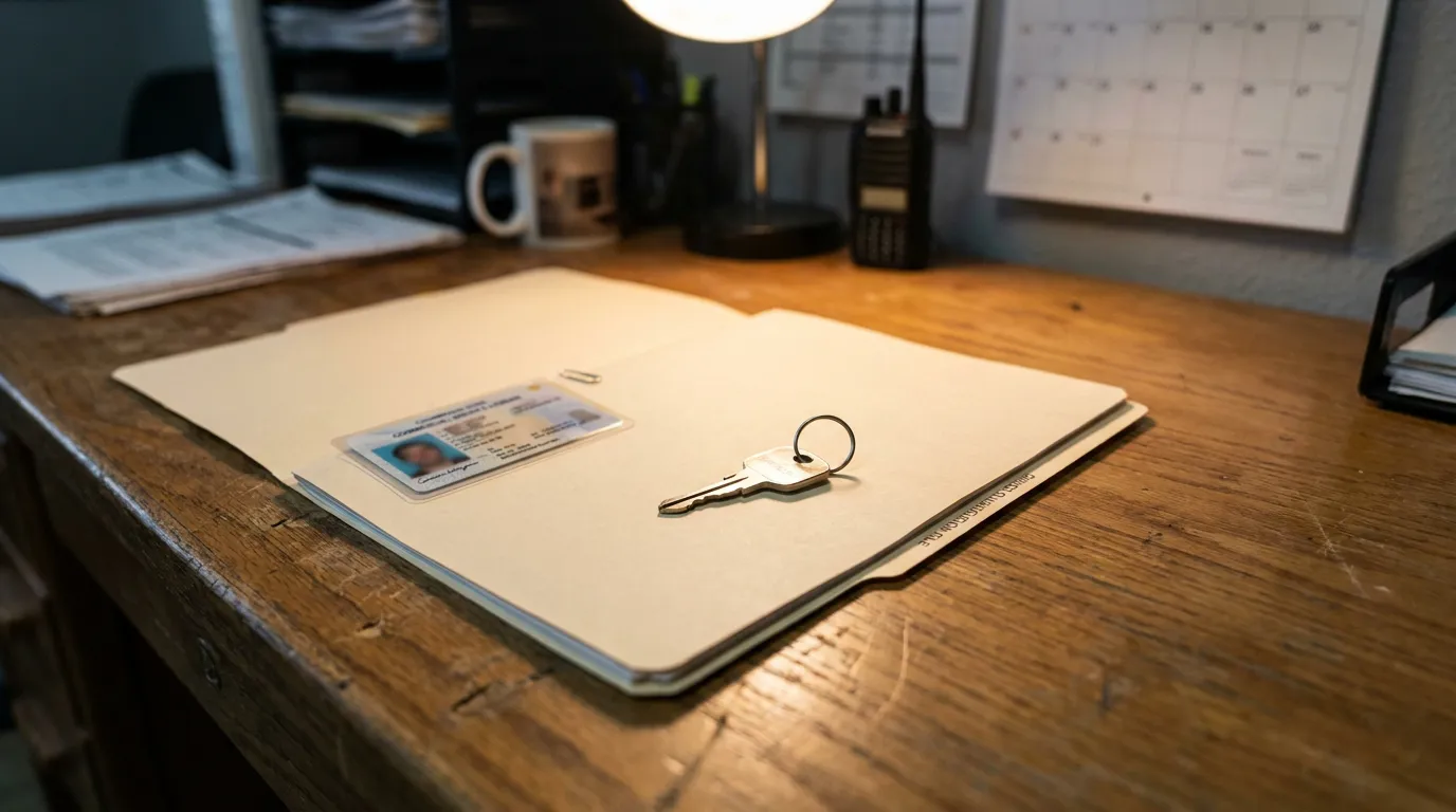 San Antonio Truck Driver License And Keys On Desk manila file folder with ID card and key resting on wooden desk