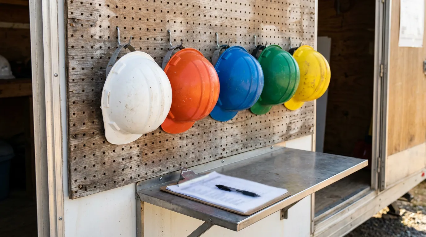 Illinois Construction Site Hard Hats Employer Roles multiple hard hats hanging on pegboard above clipboard with documents at construction site
