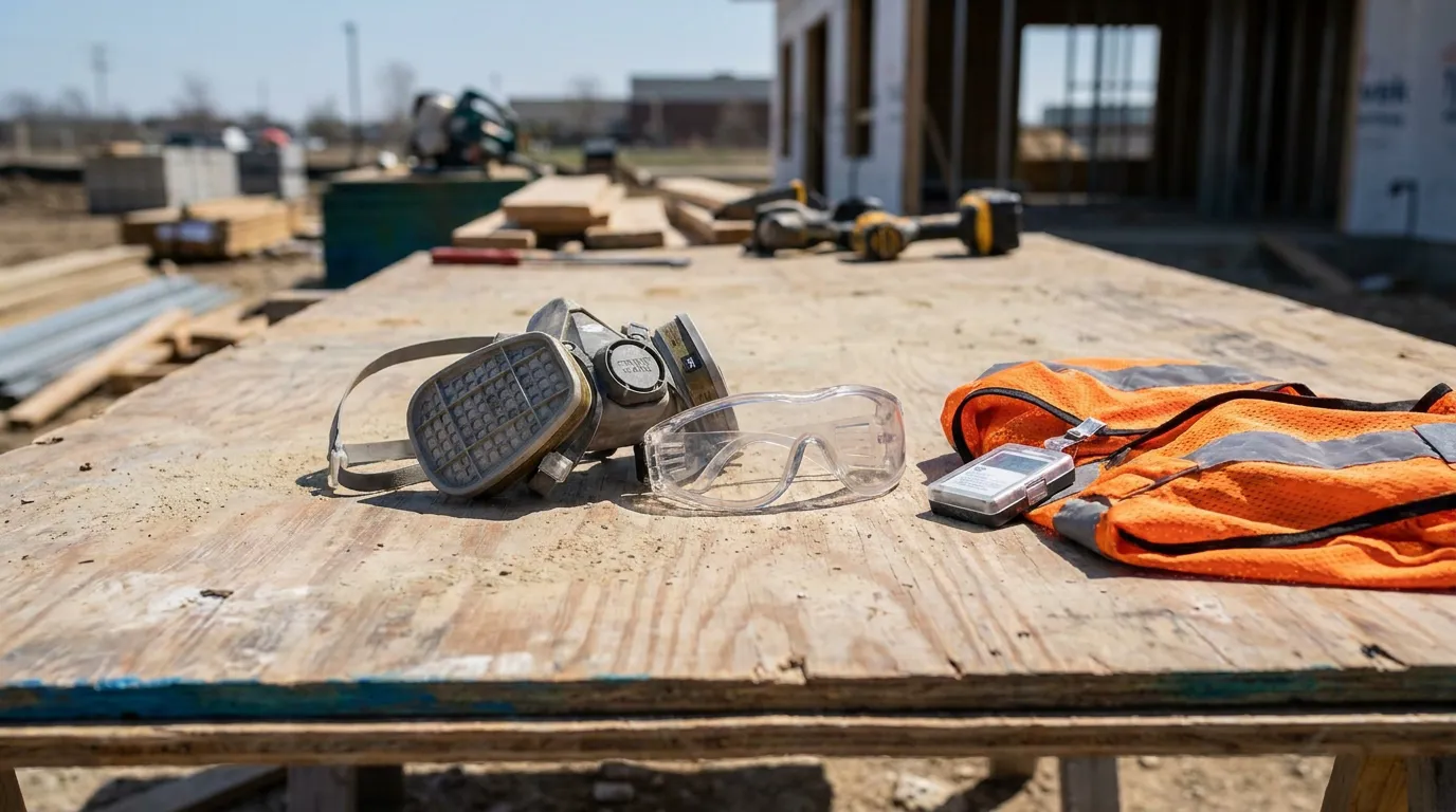 Illinois Construction Silica Dust Safety Gear respirator mask, safety goggles, and high-visibility vest on construction site workbench