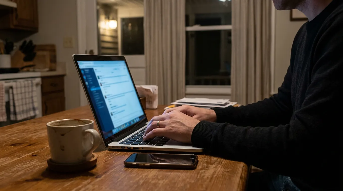person typing on laptop at wooden table with coffee mug and smartphone nearby