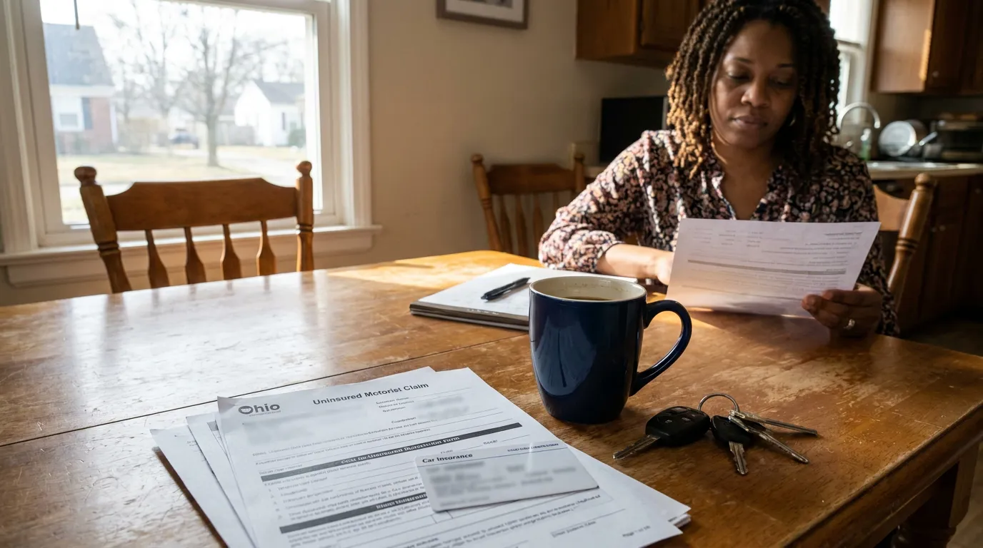 Columbus Woman Reviewing Ohio Uninsured Motorist Claim woman reviewing Ohio Uninsured Motorist Claim and car insurance documents at kitchen table