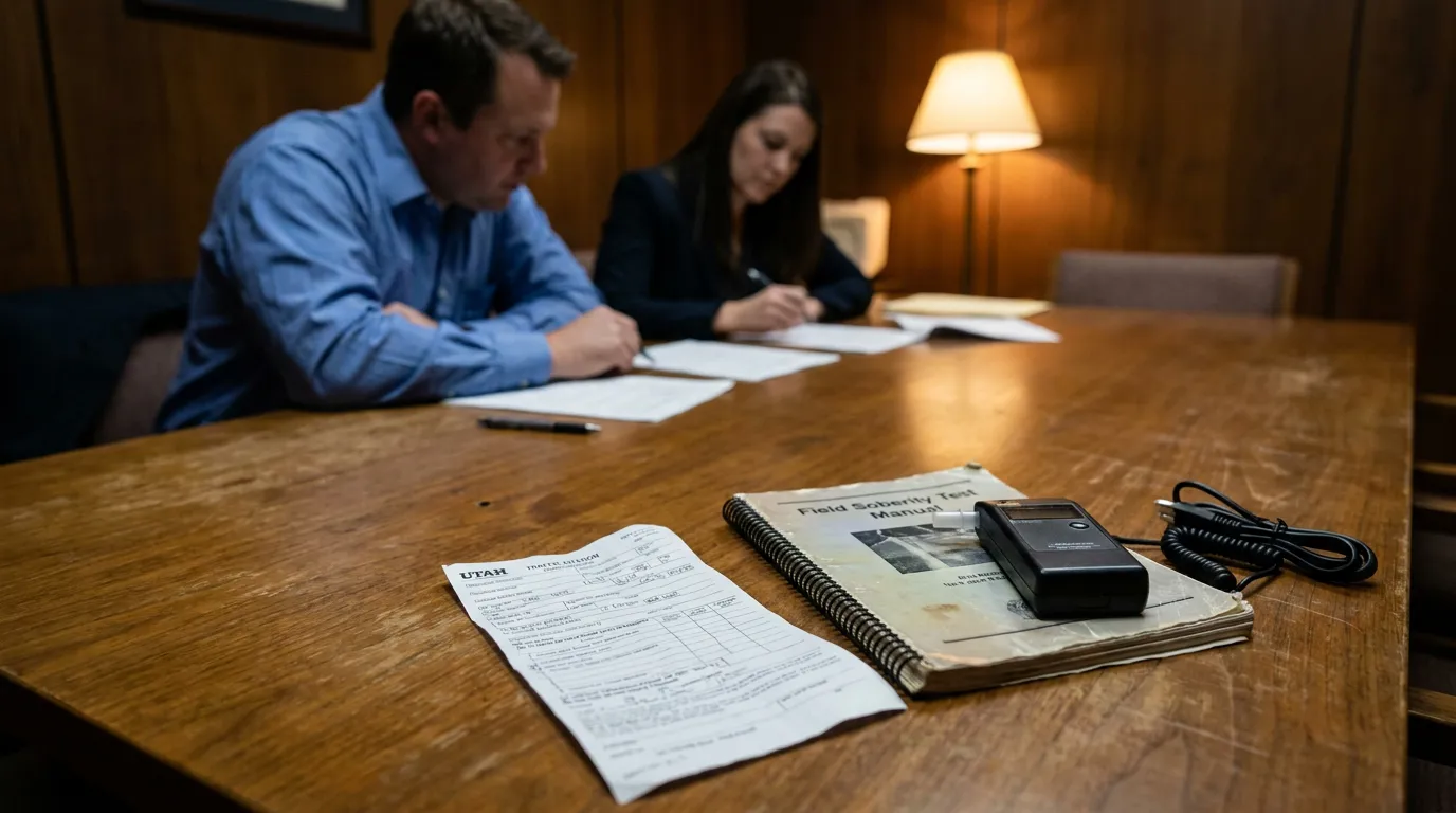 Salt Lake City DUI Attorney Reviewing Field Sobriety Manual Utah traffic form and Field Sobriety Test Manual with breathalyzer device on conference table