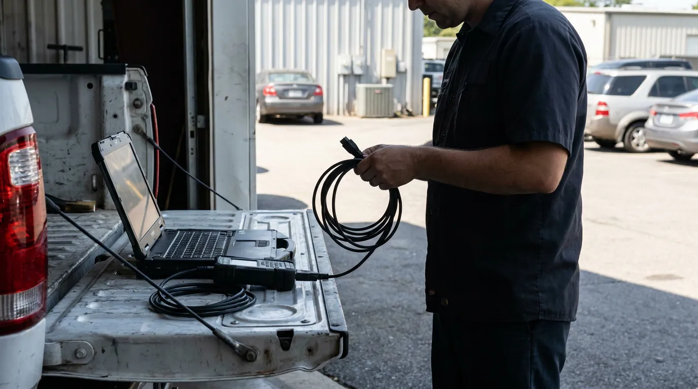 Illinois Technician Downloading Vehicle Black Box Data technician holding diagnostic cable beside laptop on truck tailgate outdoors