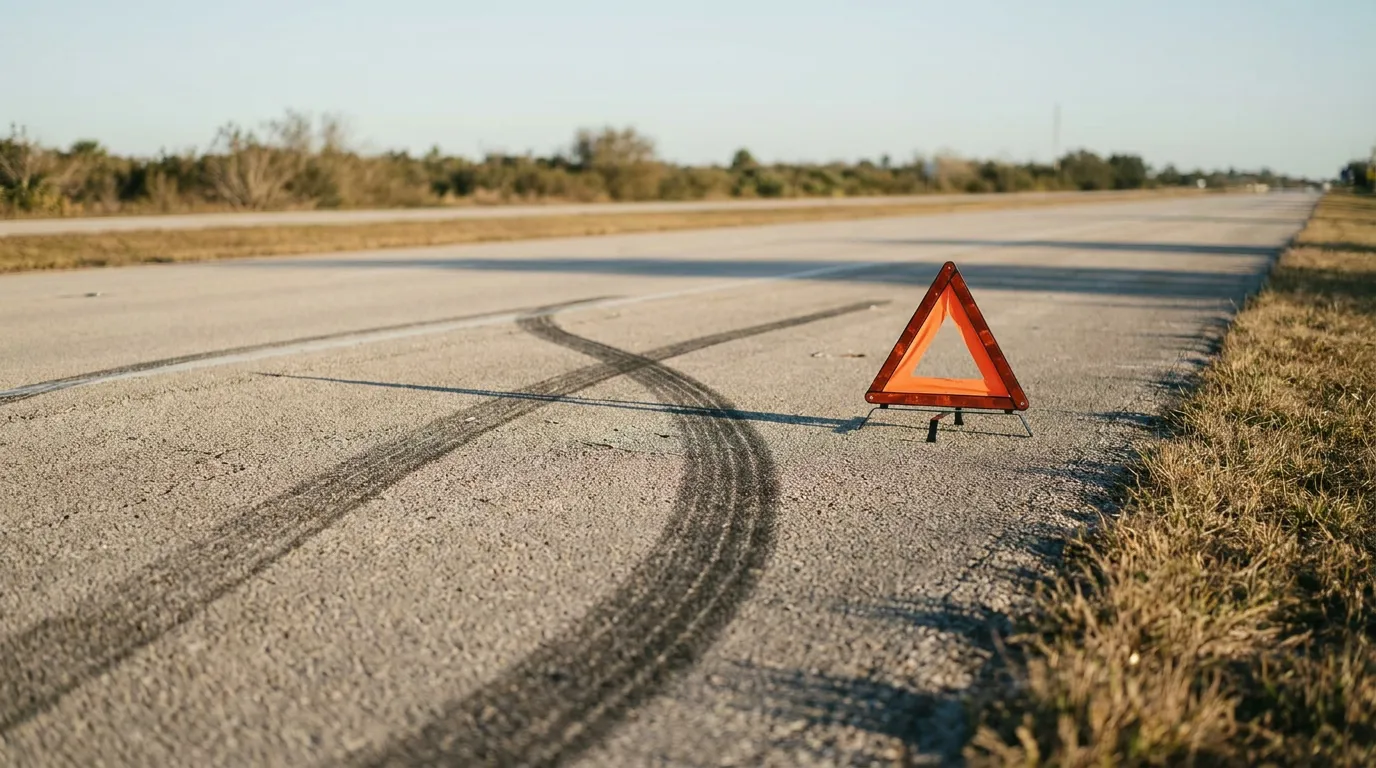 triangular emergency warning triangle placed on road beside skid marks