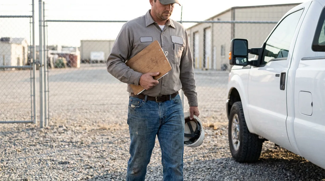male worker holding clipboard and hard hat at industrial worksite near truck