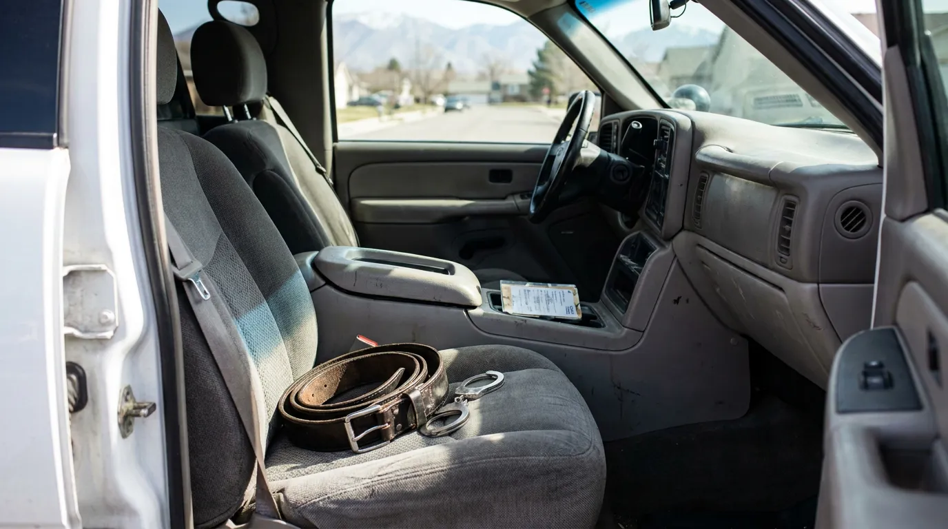 Police Vehicle Handcuffs Salt Lake City Domestic Violence Arrest leather belt and handcuffs resting on truck passenger seat with document on console