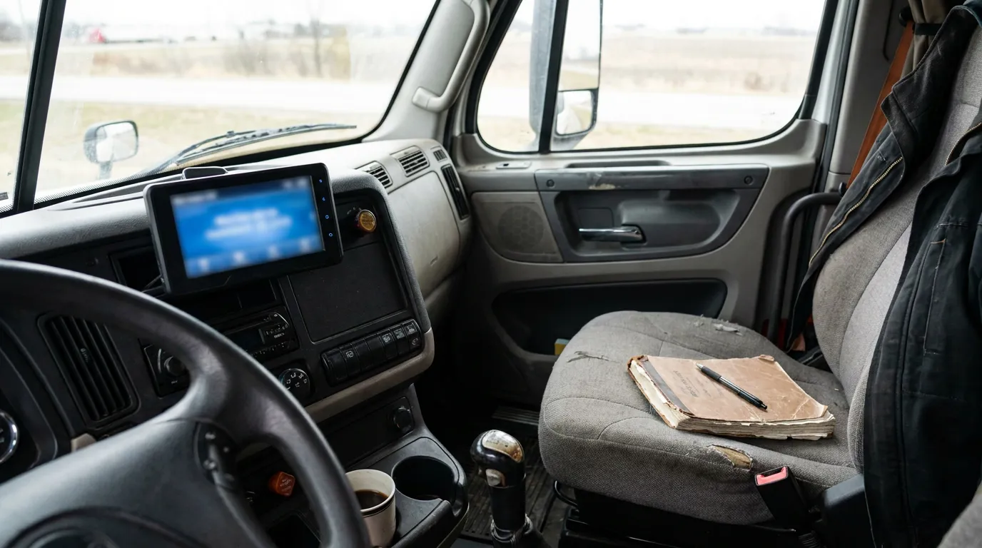 Truck Cab Logbook Lakewood Hours Of Service commercial truck cab interior with dashboard screen, logbook, and pen on passenger seat