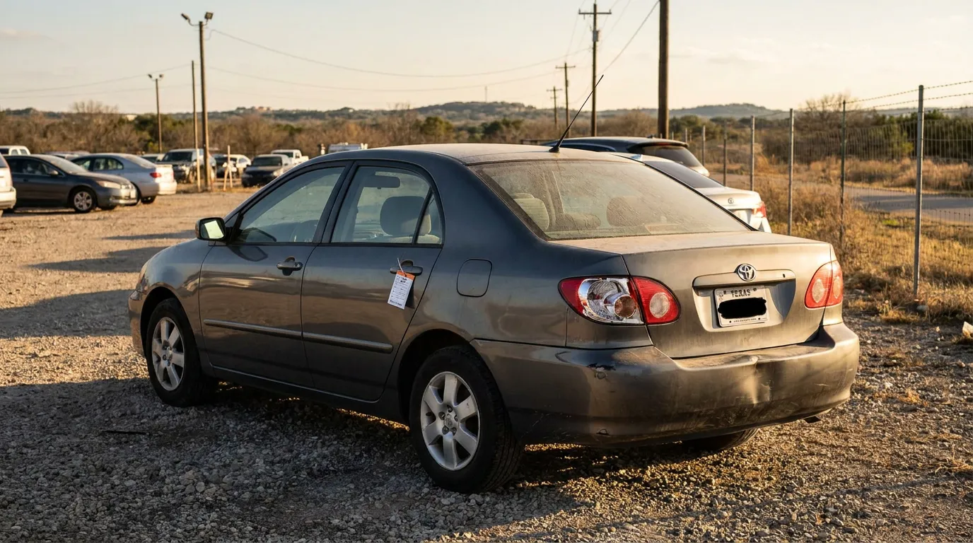 Damaged Sedan Austin Car Accident Salvage Lot Toyota Corolla sedan with Texas license plate parked on gravel lot