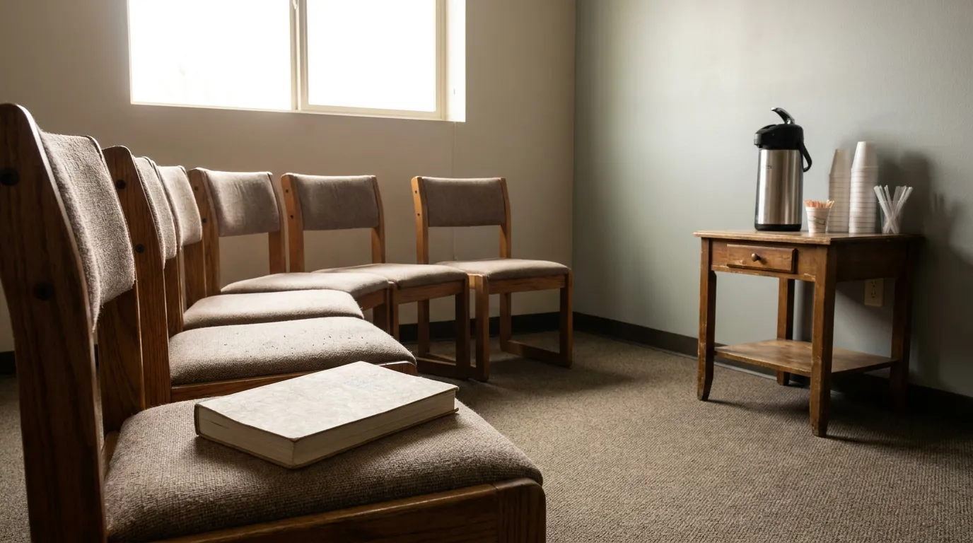 law firm waiting room with wooden chairs, book, and coffee station
