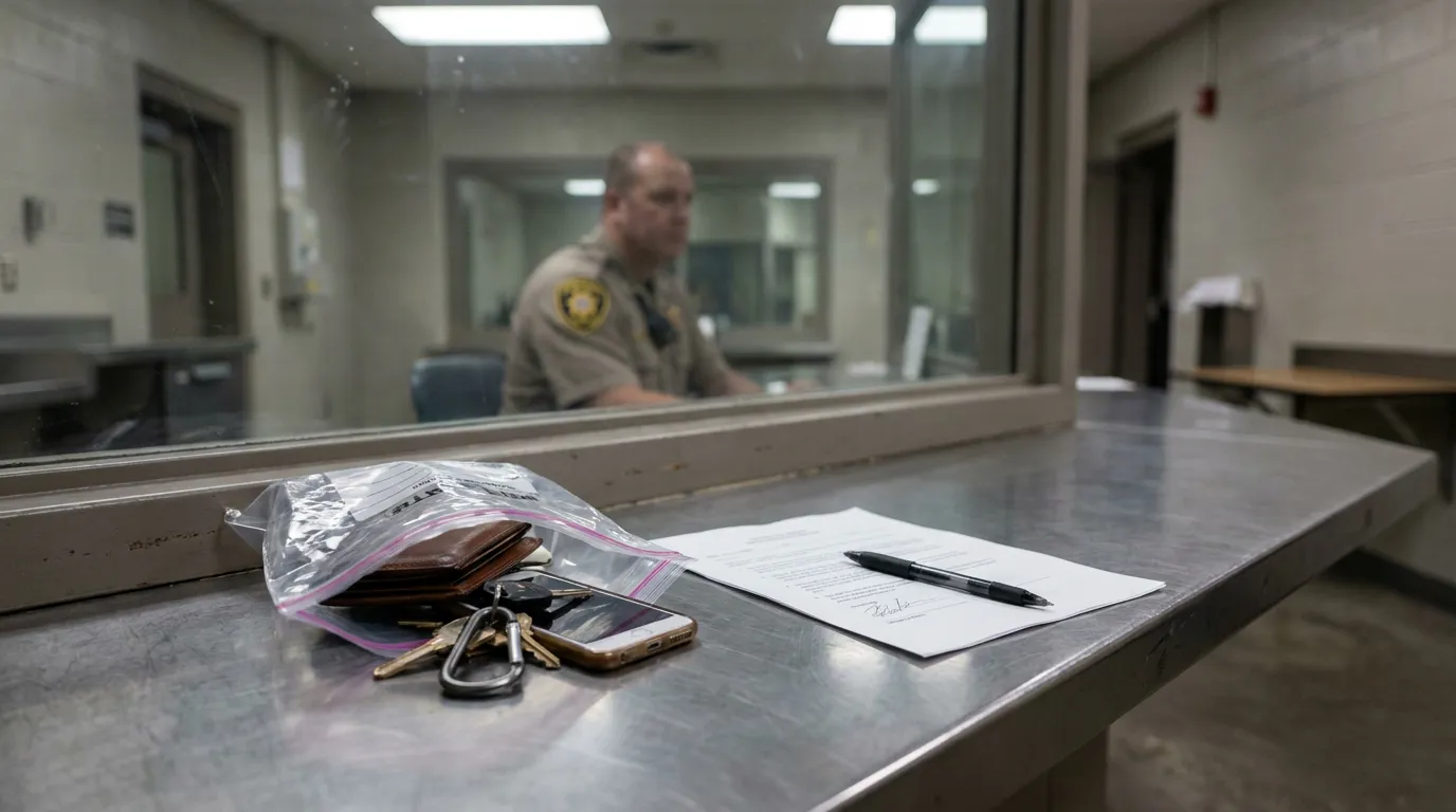 jail booking counter with bagged personal belongings, document, pen, and uniformed officer