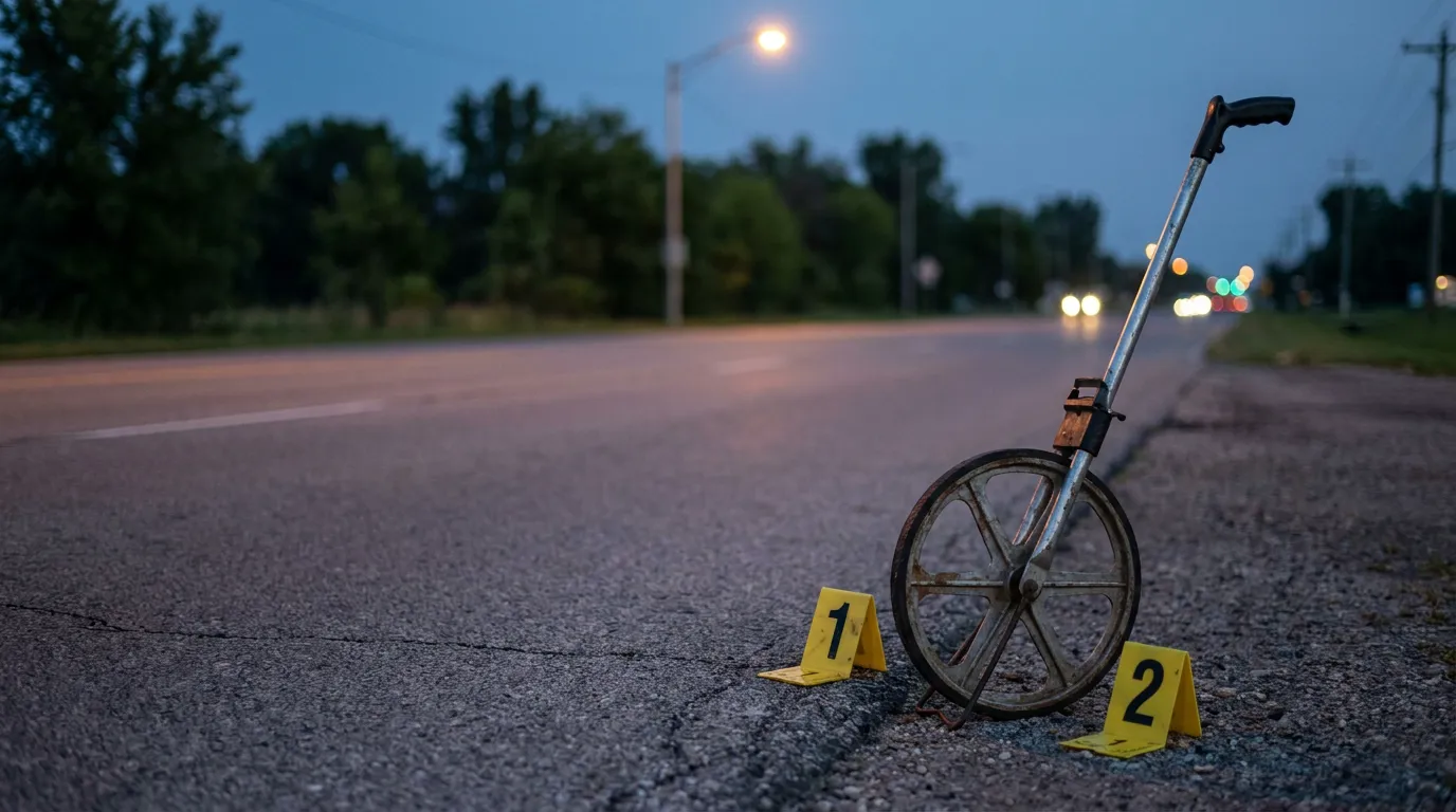 measuring wheel beside numbered evidence markers 1 and 2 on road at dusk