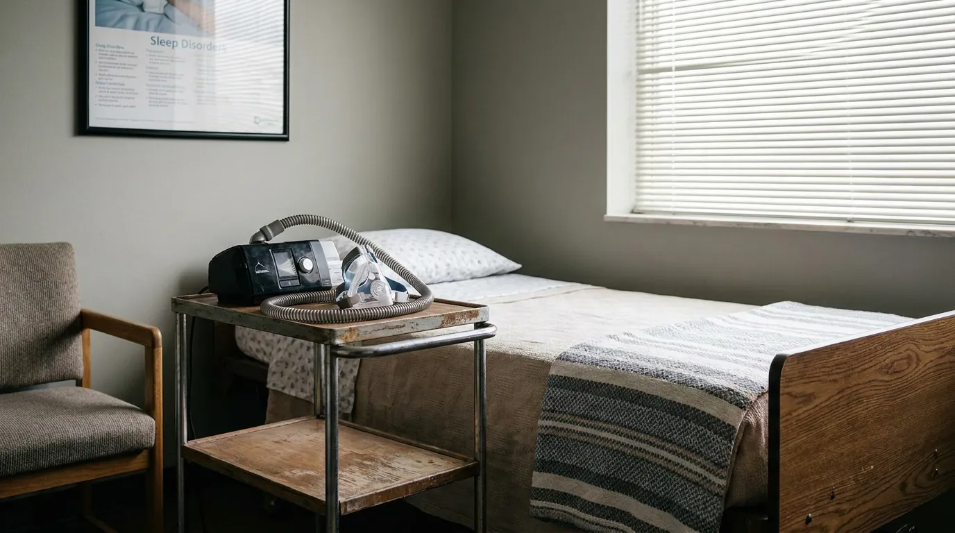 Cpap Machine Truck Driver Sleep Apnea Dallas CPAP machine with mask and hose on bedside table beside hospital bed with Sleep Disorders poster on wall