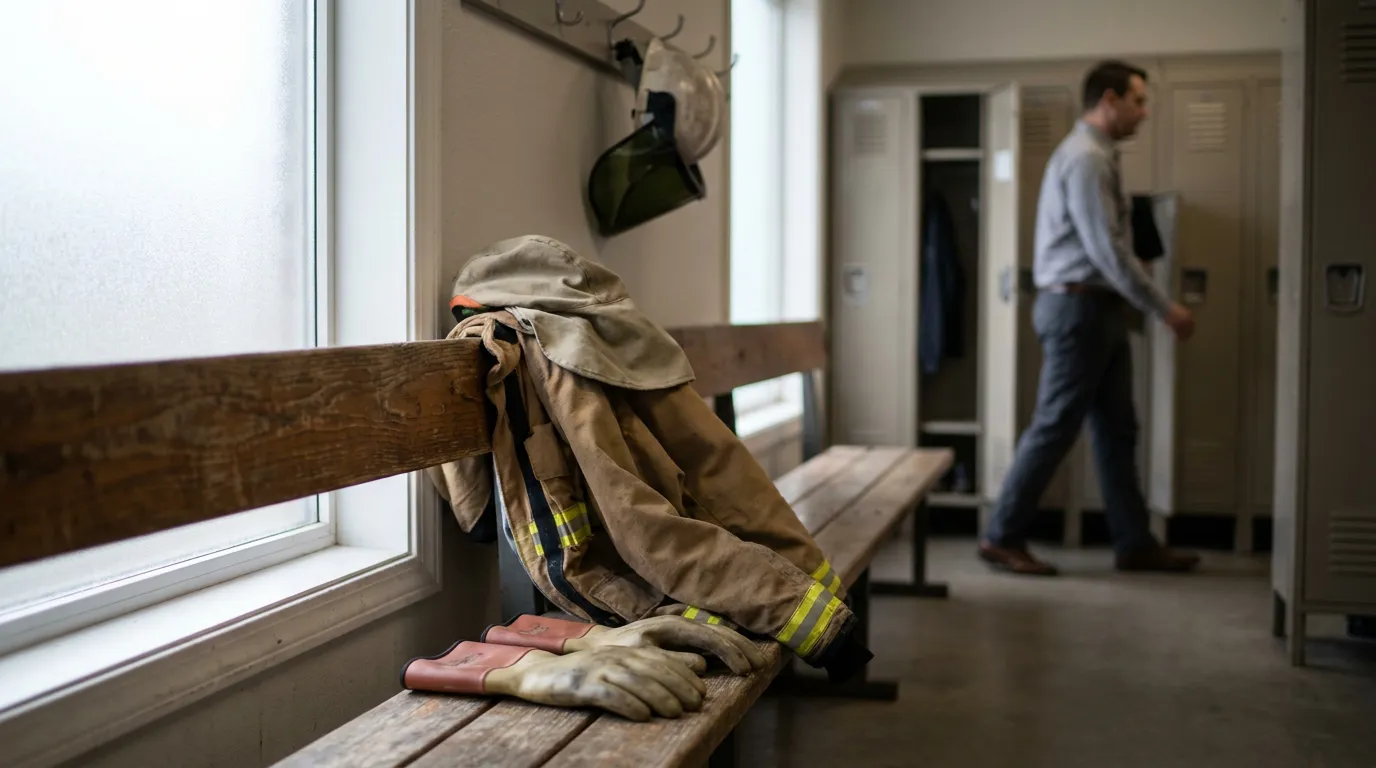 Arc Flash Protective Gear Morgantown Locker Room firefighter turnout gear and gloves resting on locker room bench near lockers