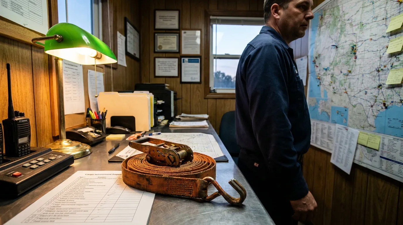 trucking dispatcher standing beside desk with cargo strap and route map