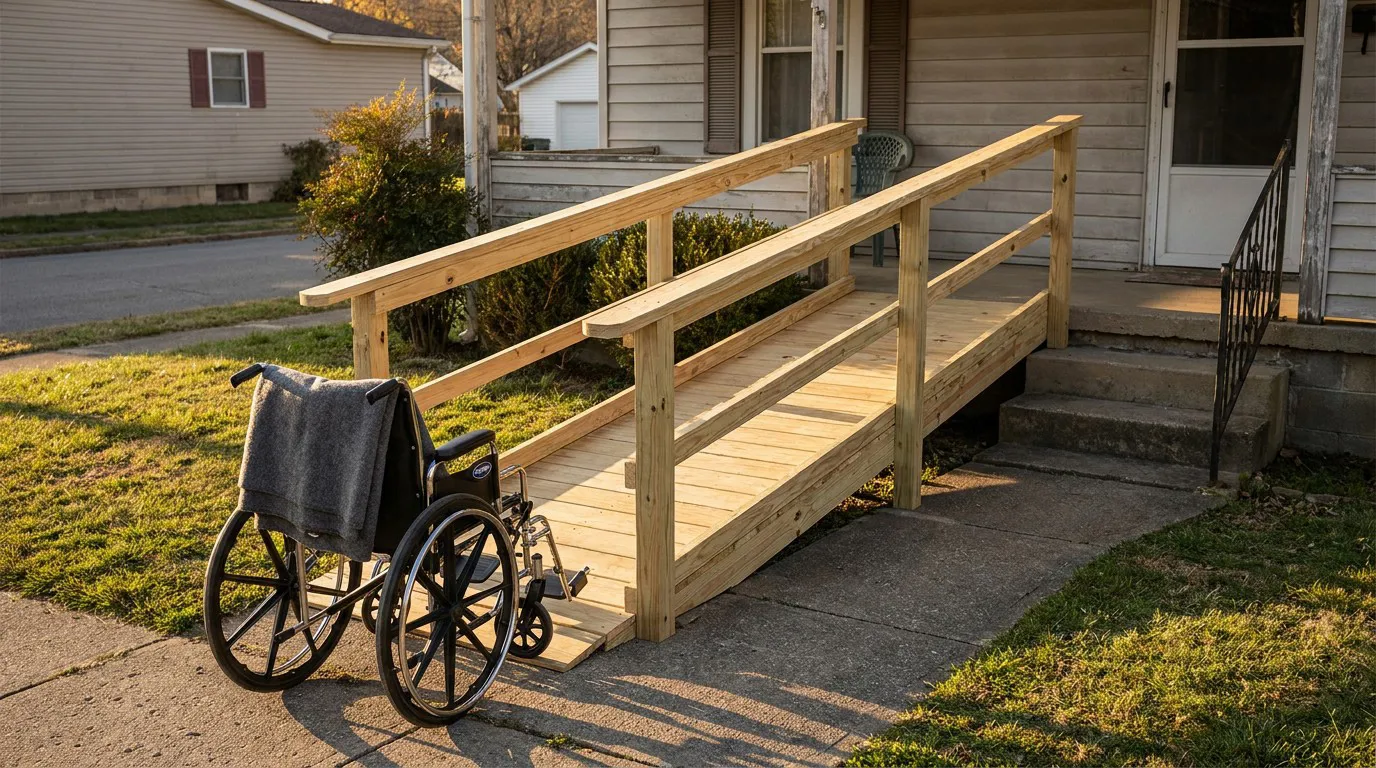Wheelchair Ramp Home Modification Morgantown West Virginia wheelchair parked beside wooden accessibility ramp leading to residential home entrance