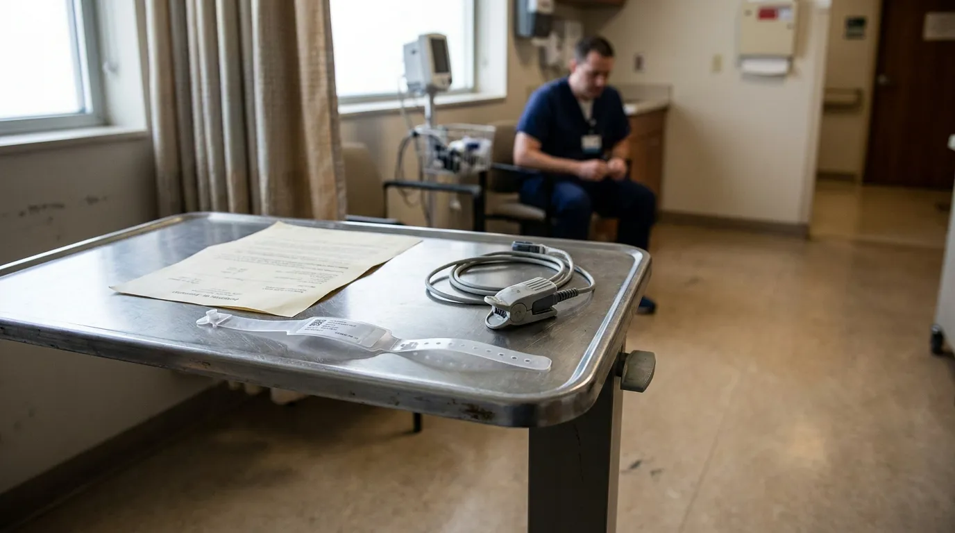 hospital tray with patient wristband, medical document, and pulse oximeter sensor