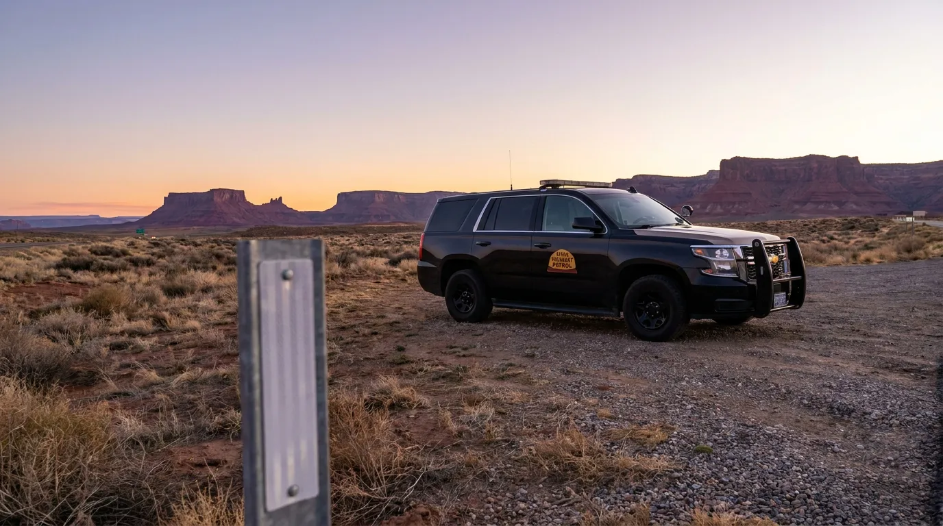 Utah Highway Patrol Traffic Stop Desert Roadside Utah Highway Patrol SUV parked on gravel road near desert mesa landscape