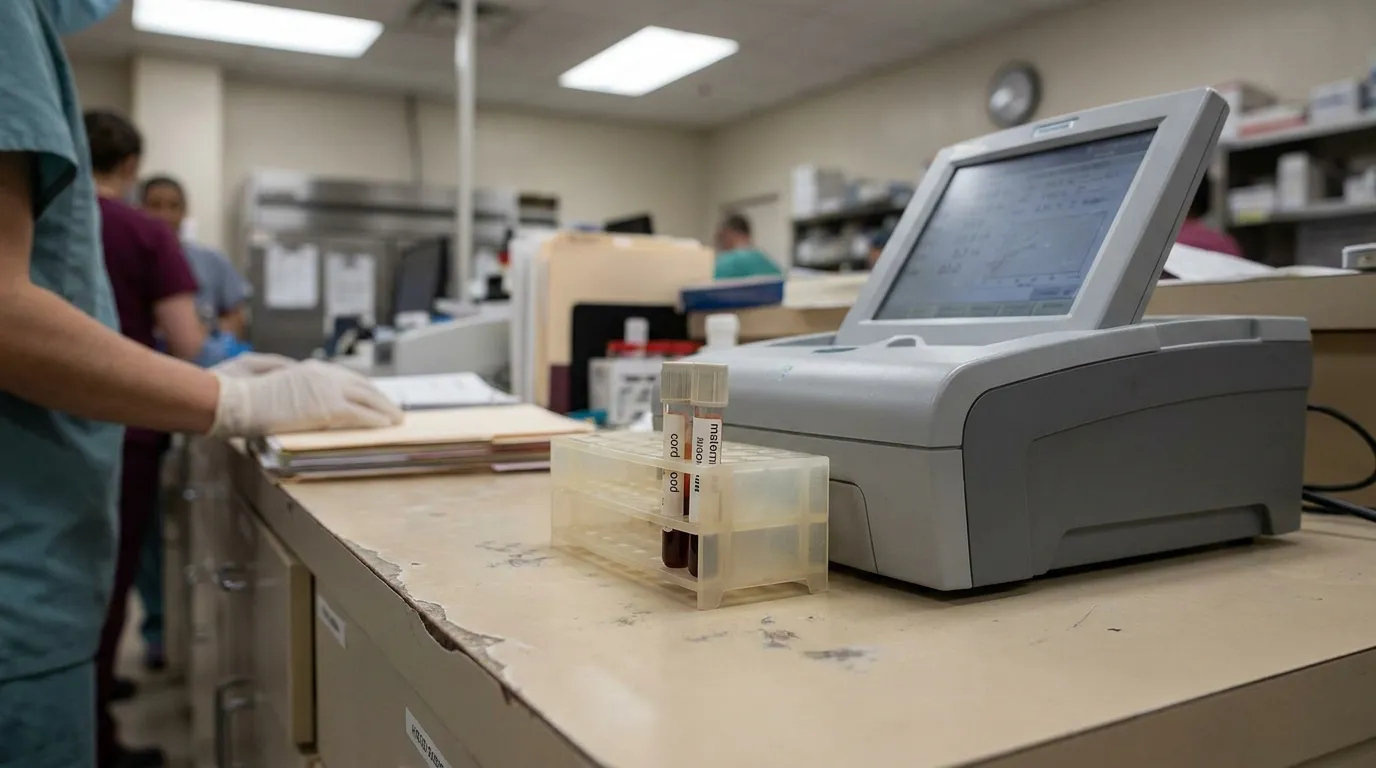 San Antonio Lab Testing Cord Blood Carboxyhemoglobin Levels labeled blood specimen vials in tray beside medical scanner in hospital lab