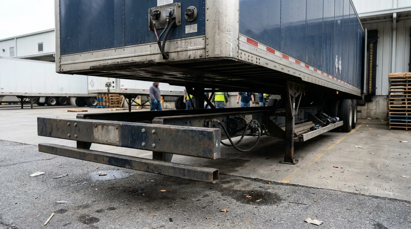 underride guard beneath commercial semi-trailer at busy loading dock facility