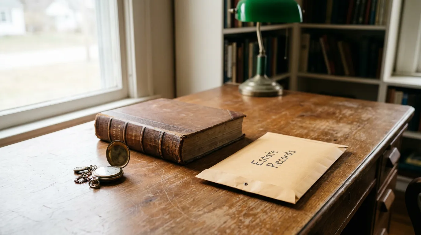 San Antonio Estate Records Wrongful Death Inheritance Claim Estate Records envelope and antique book with pocket watch on wooden desk