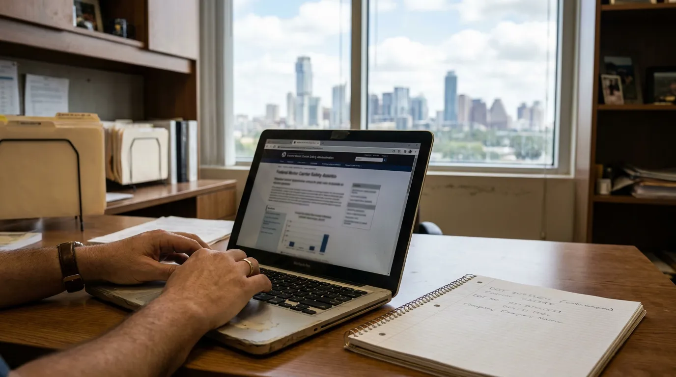 attorney typing on laptop displaying Federal Motor Carrier Safety Administration website with notepad nearby
