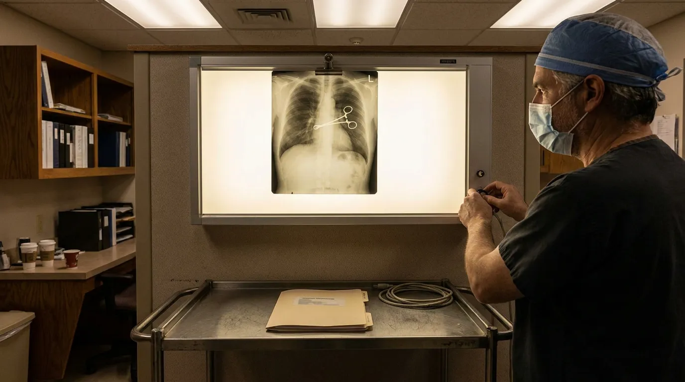 Retained Surgical Instrument Xray Morgantown WV masked surgeon examining chest X-ray showing surgical instrument left inside patient