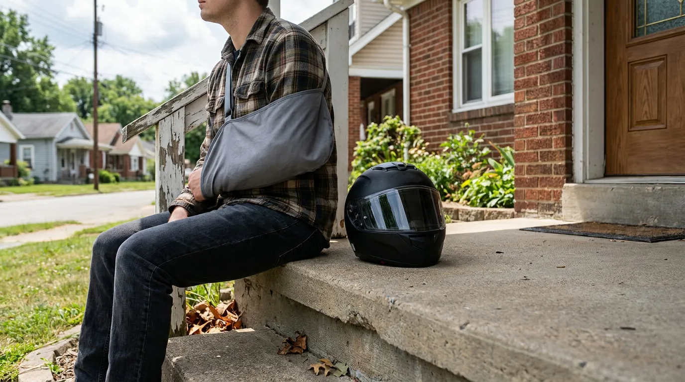 injured person wearing arm sling seated on porch steps beside motorcycle helmet