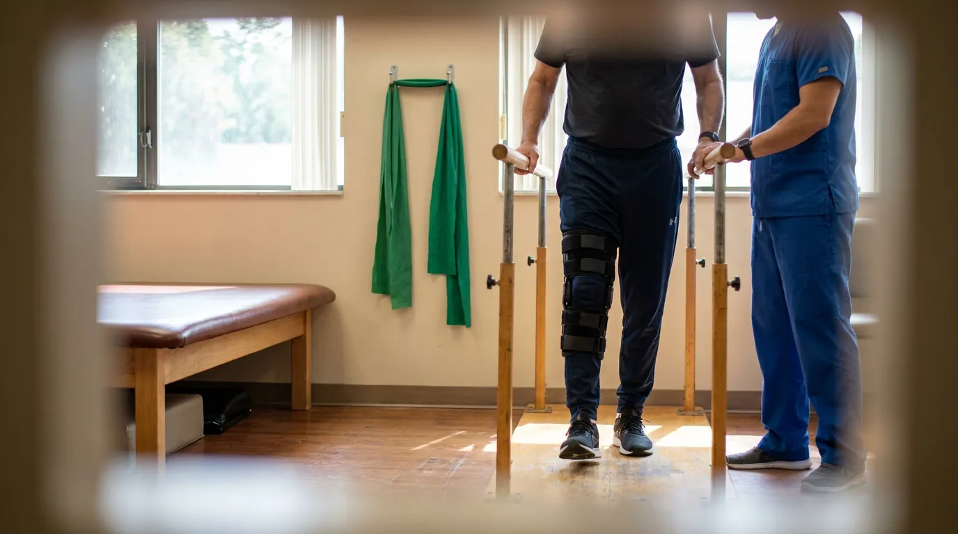 San Antonio Catastrophic Injury Rehabilitation Therapy Session patient wearing knee brace walking parallel bars assisted by medical professional in clinic