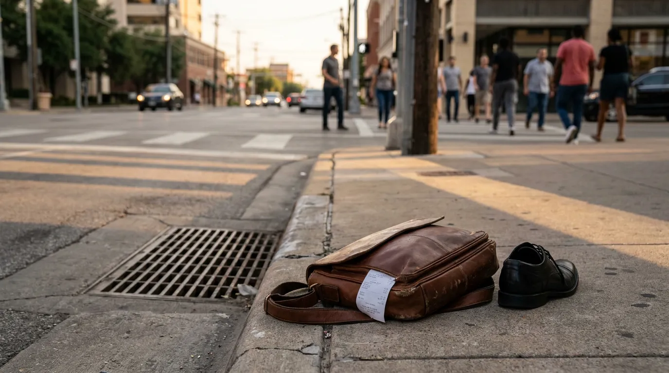 Dallas Jaywalking Accident Scene Crosswalk leather briefcase and dress shoes abandoned on urban sidewalk near crosswalk