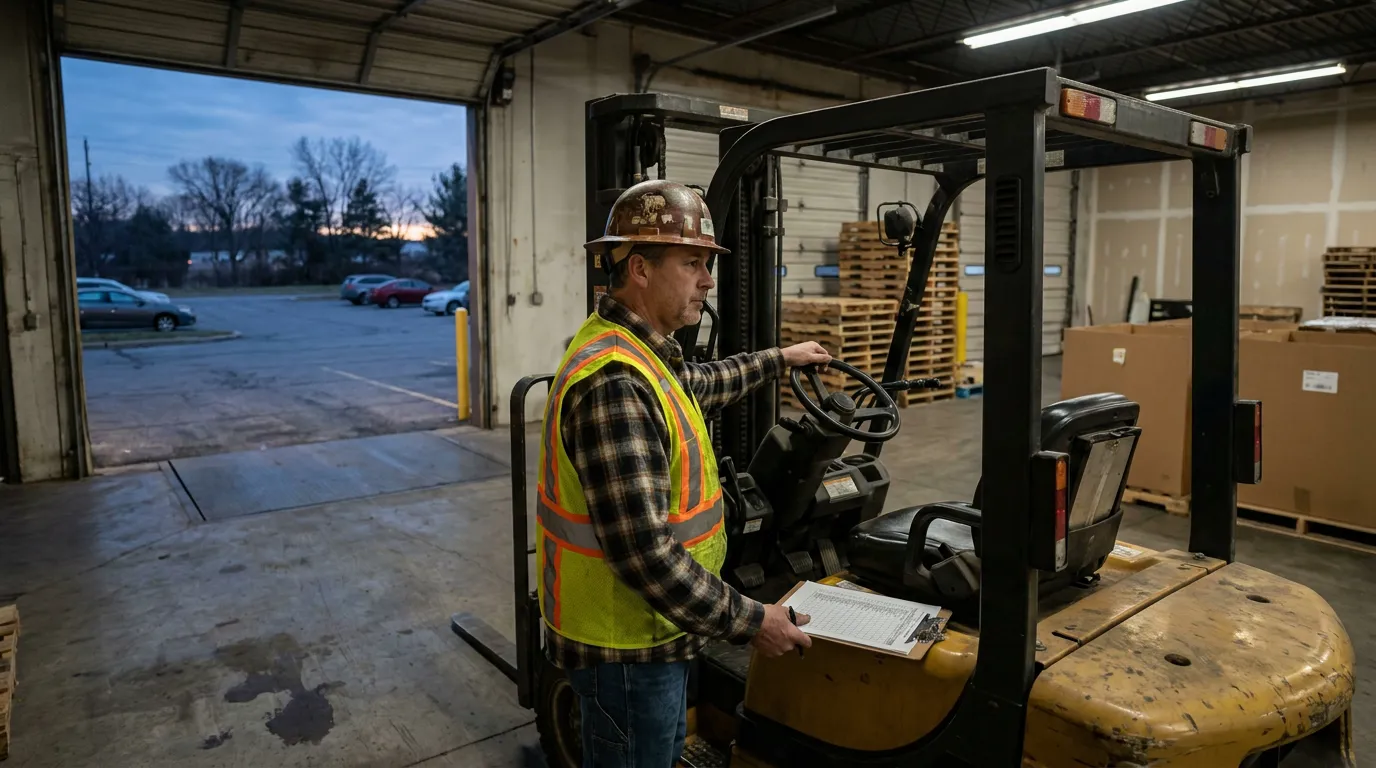 Morgantown Warehouse Worker Operating Forklift warehouse worker in hard hat and safety vest operating forklift holding clipboard