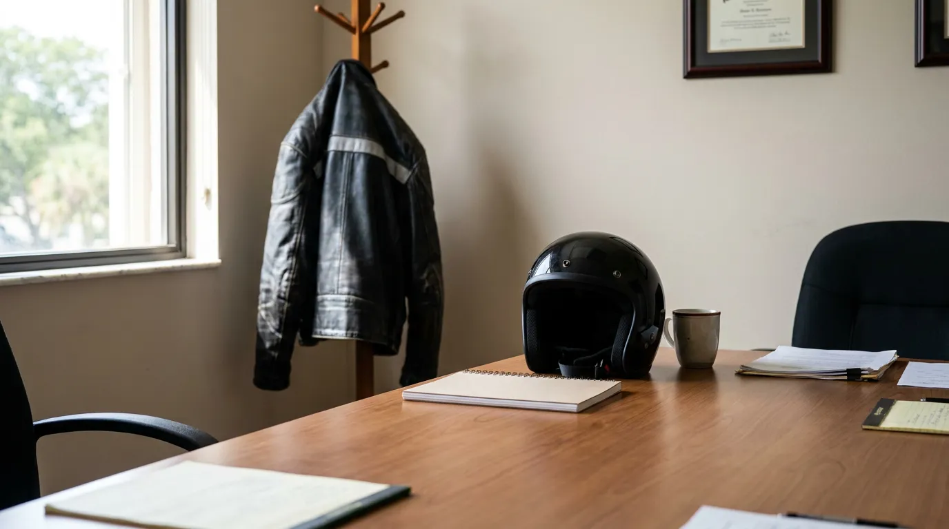 Motorcycle Helmet In Fort Lauderdale Attorney Office motorcycle helmet and leather jacket in law office with framed certificate
