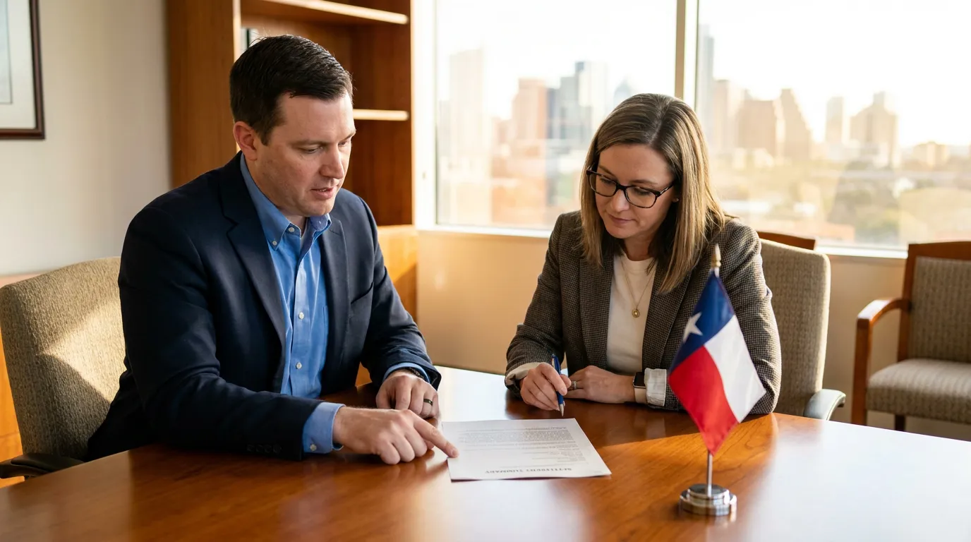 Austin Wrongful Death Attorney Reviewing Settlement Documents Two professionals reviewing legal document beside Texas state flag in office