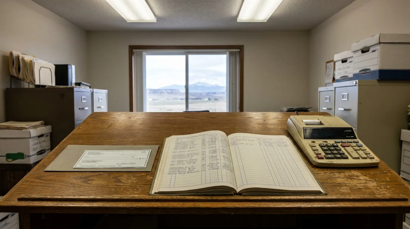 open ledger book, check, and adding machine on wooden office desk with filing cabinets