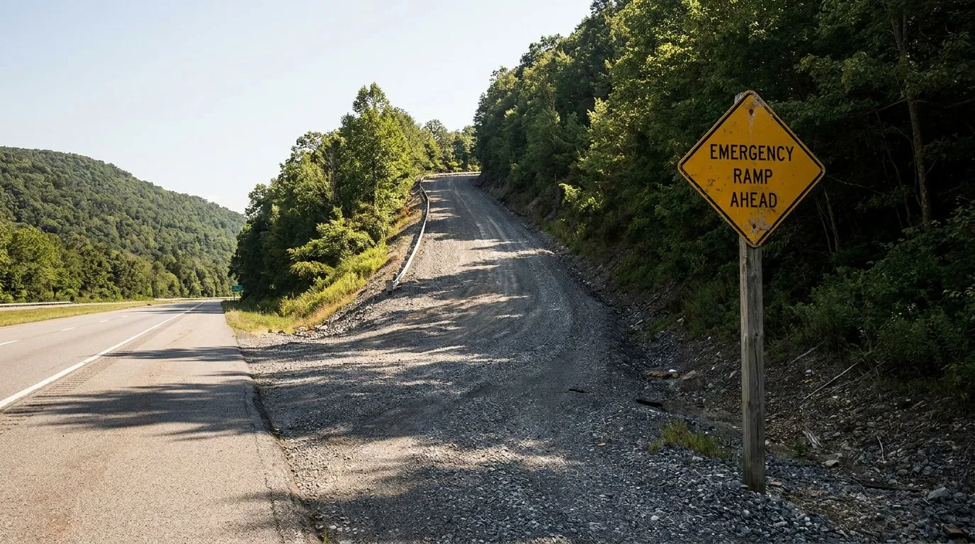 Emergency Runaway Ramp On I-68 Morgantown Emergency Ramp Ahead warning sign beside highway gravel runaway truck ramp