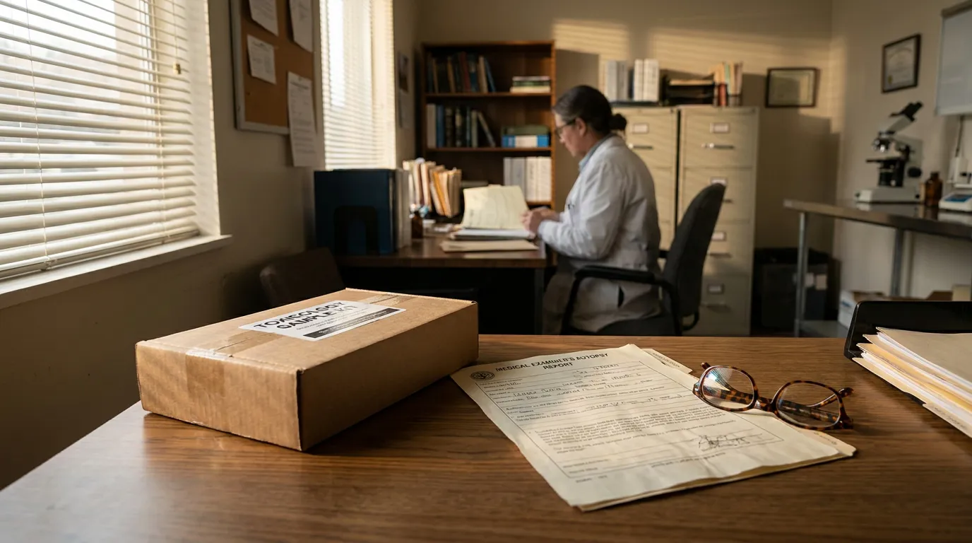 toxicology sample box and medical examiner autopsy report on office desk