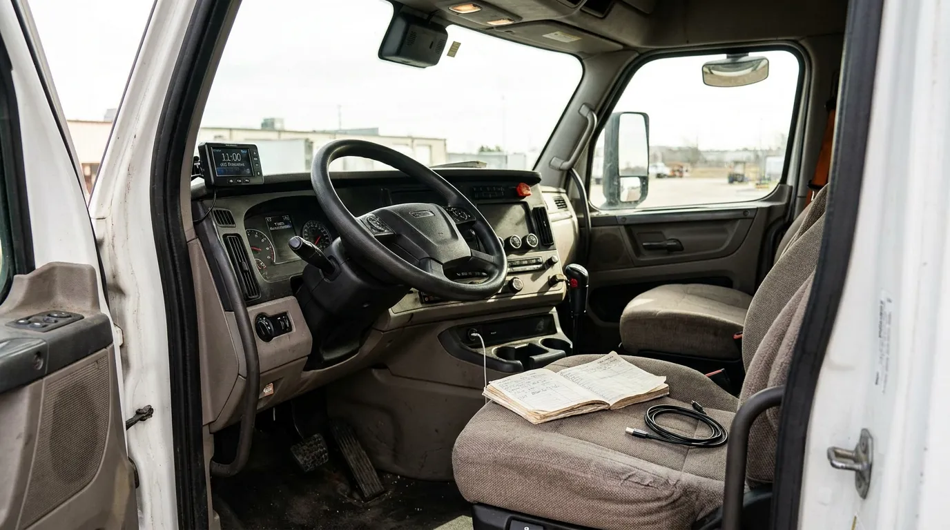 Truck Cab Logbook Norristown Injury Claim commercial truck cab interior with steering wheel, dashboard, and driver logbook on seat