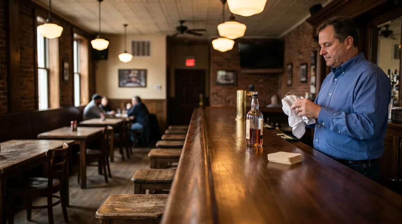 Norristown Pennsylvania Bartender Dram Shop Liability bartender polishing glass behind long wooden bar with liquor bottle nearby