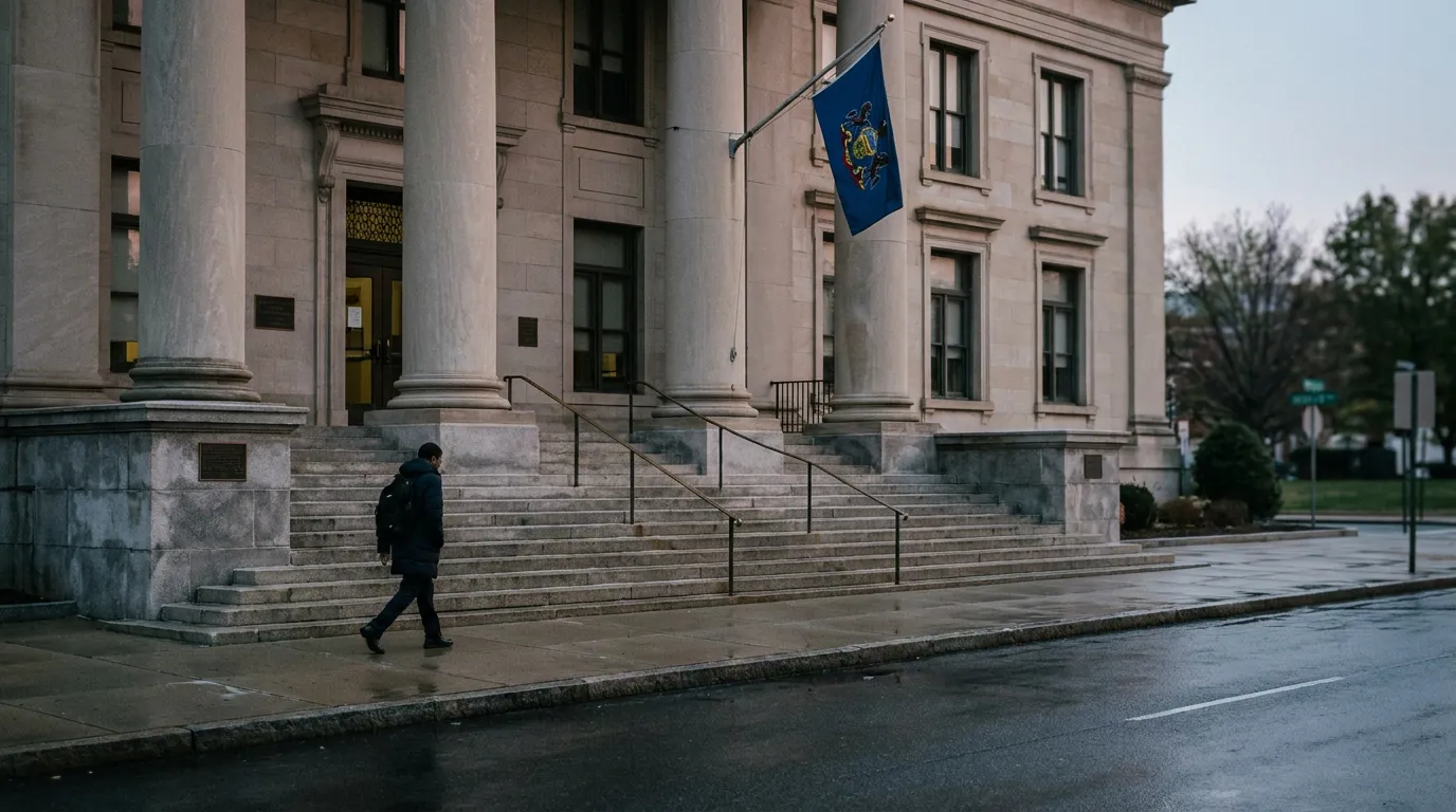 Montgomery County Courthouse Norristown PA person walking past Pennsylvania state courthouse exterior with columns and state flag
