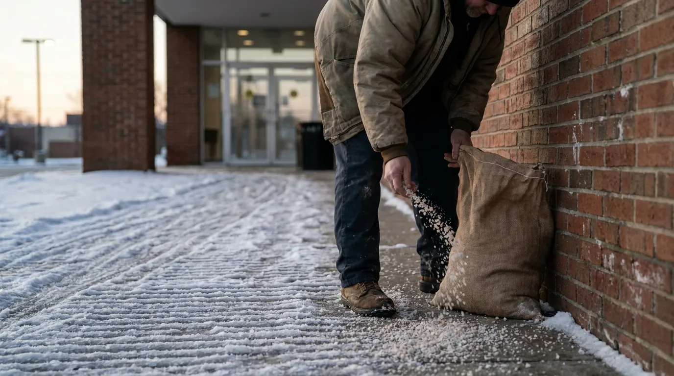 Norristown Property Owner Salting Icy Sidewalk worker spreading rock salt from burlap bag on icy sidewalk outside brick building