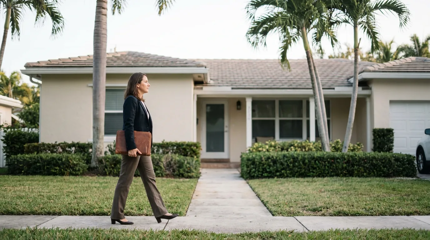 professional woman carrying leather portfolio walking past suburban residential home