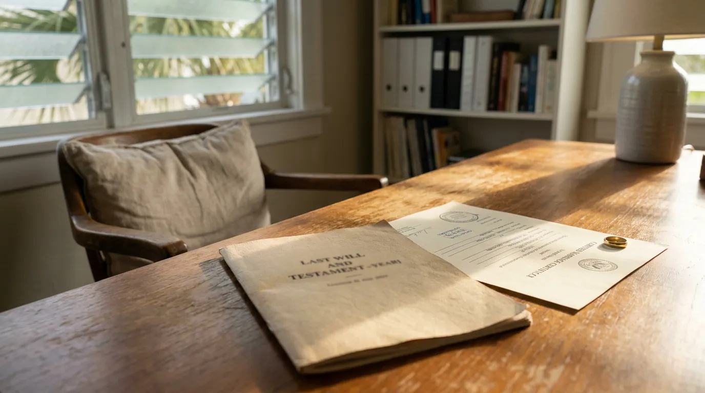 Last Will and Testament document beside marriage certificate and wedding ring on wooden desk