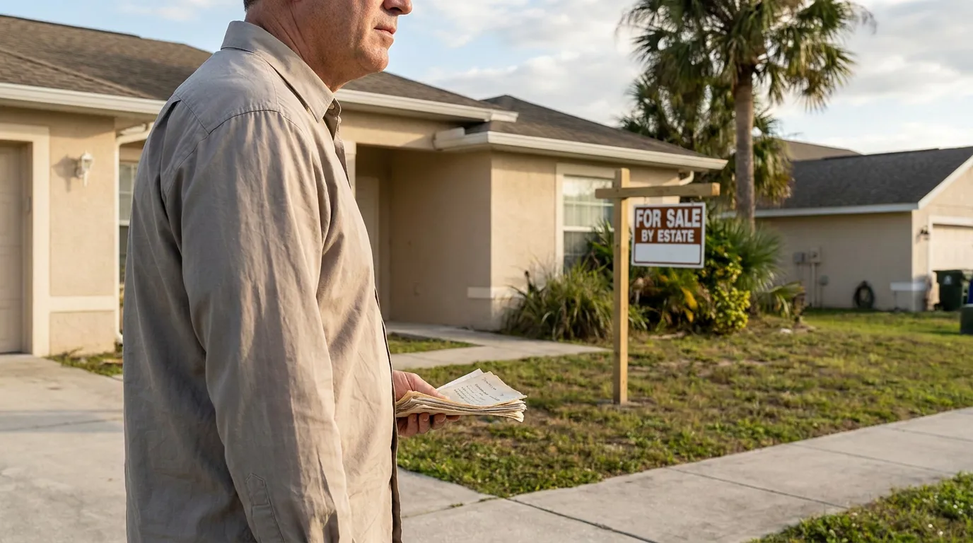 Personal Representative Managing Estate Sale Palm Beach man holding documents outside residential property with For Sale By Estate sign