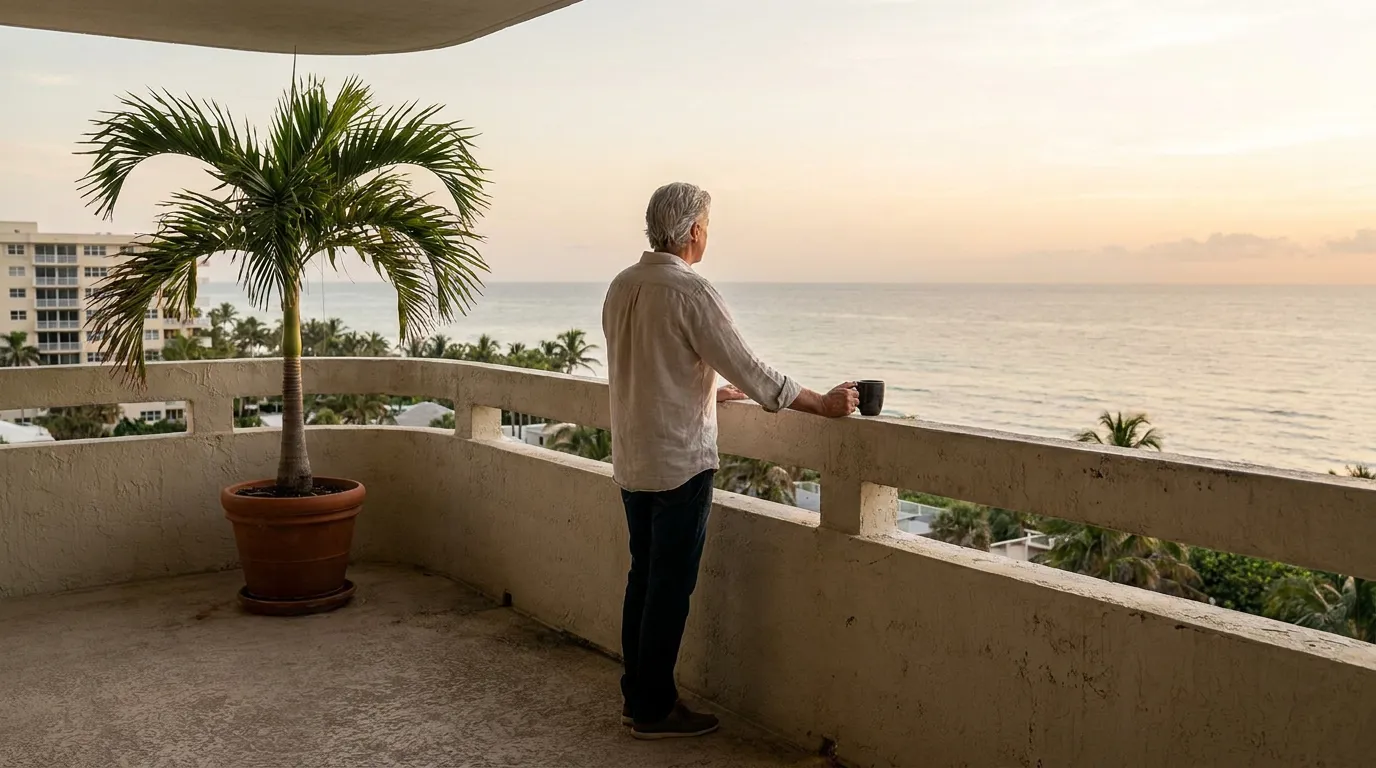 older man holding mug standing on high-rise balcony overlooking ocean at sunrise