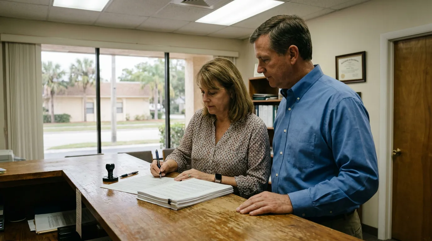 woman signing legal documents at desk while man reviews beside her